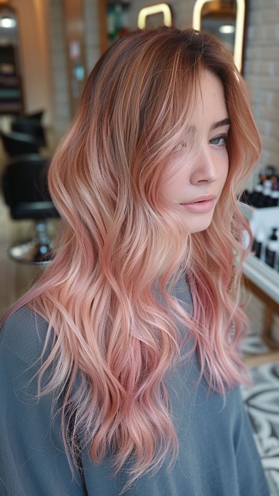 A woman modelling a peachy pink balayage hair.