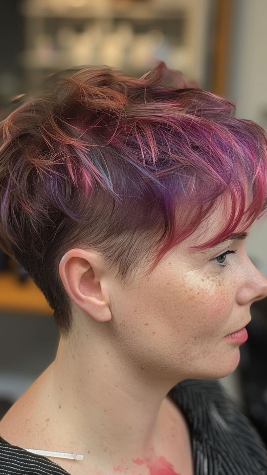 A woman modelling a pixie cut with pink and purple highlights.