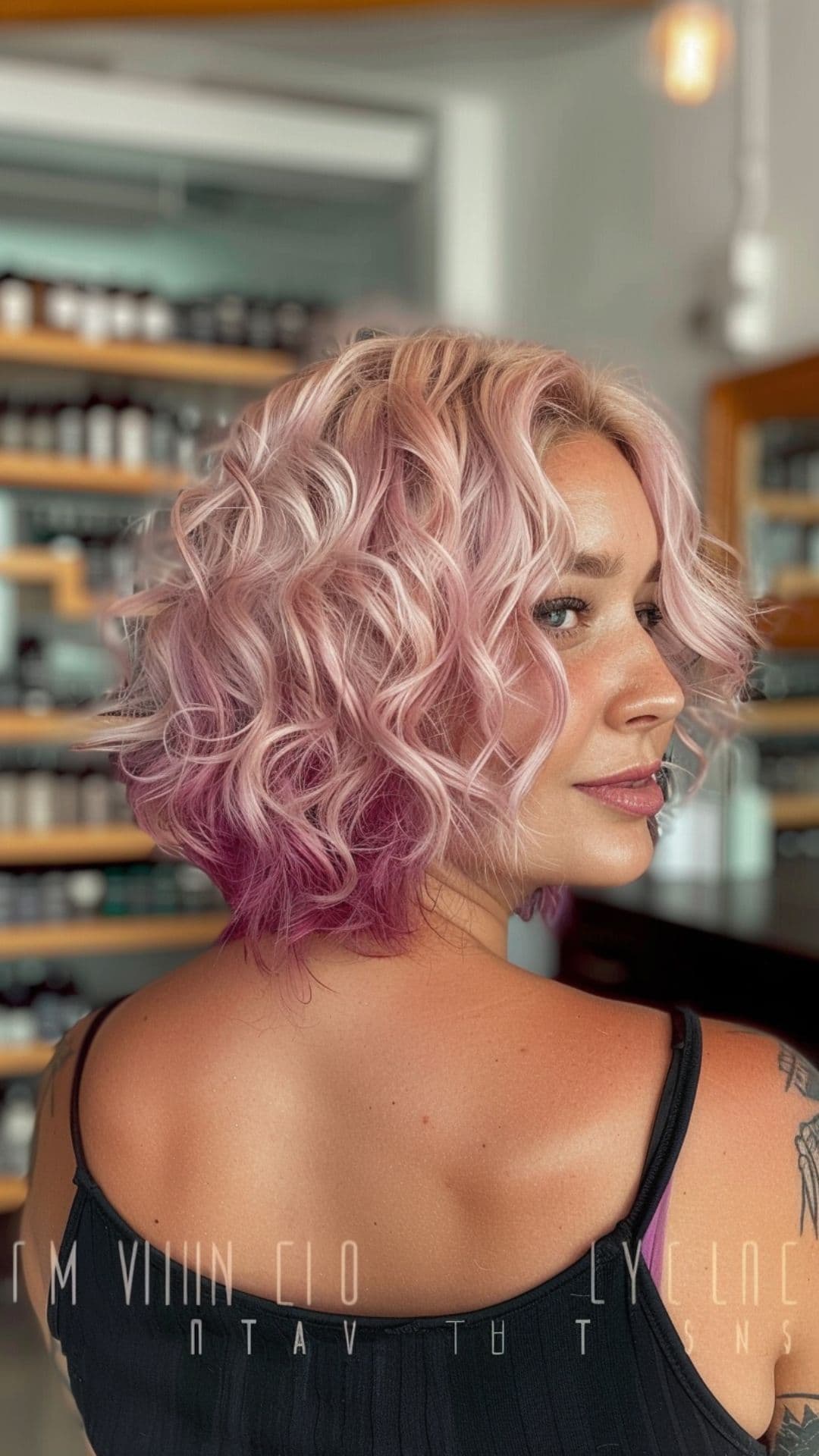 A woman modelling a platinum pink hair with pink ombre on curly bob.