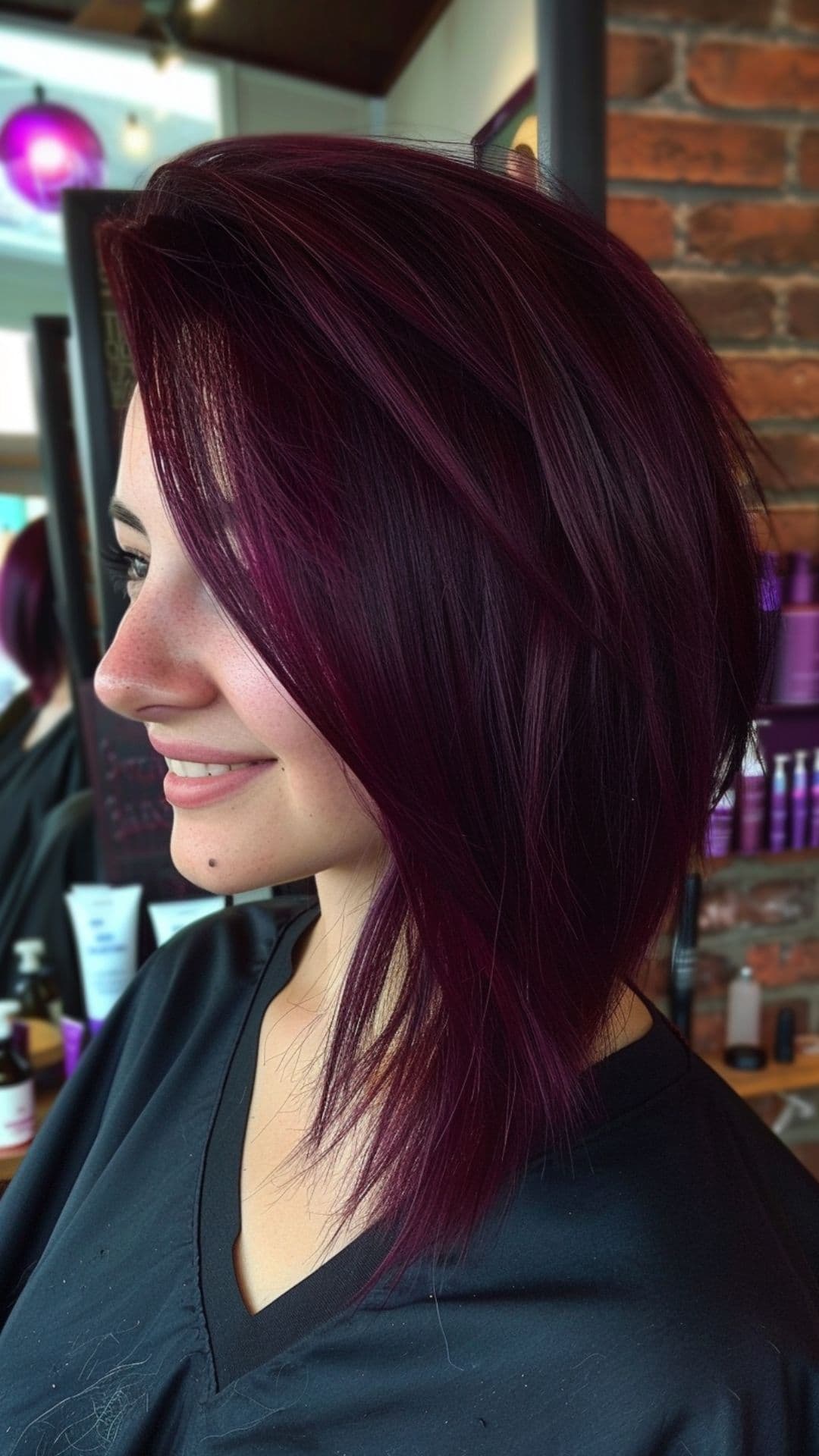 A woman modelling a plum burgundy hair color.