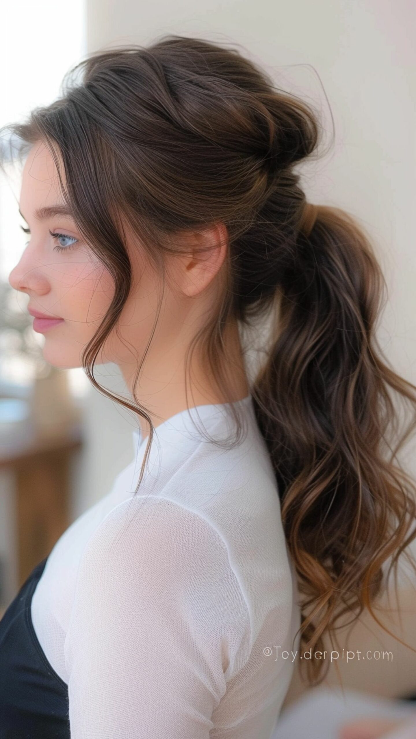 A woman modelling a ponytail with soft waves hairstyle.