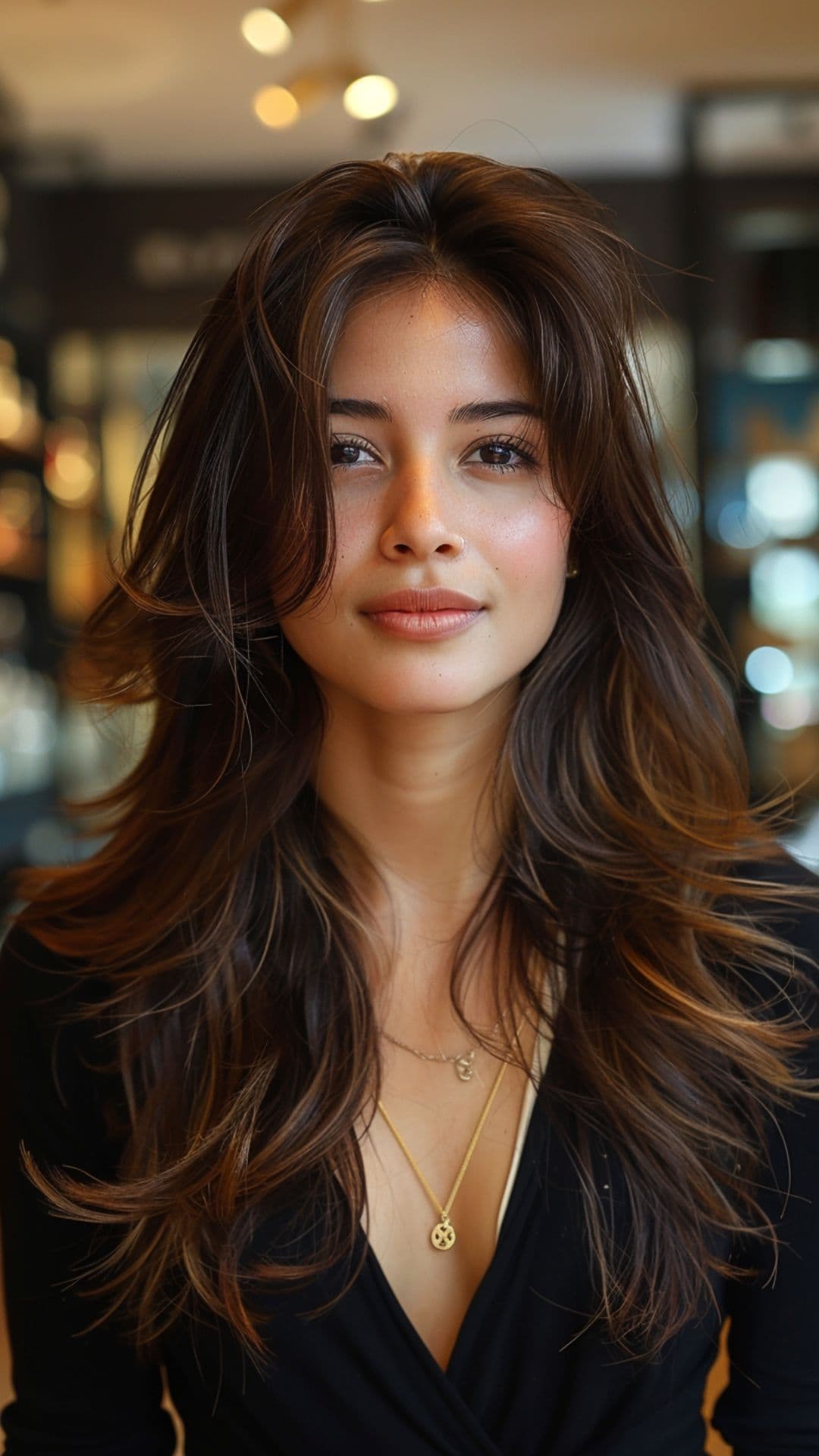 A woman modelling Priyanka Chopra's long, layered hair with middle part.