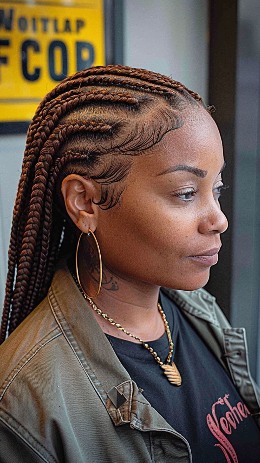 A woman modelling a cornrows hairstyle.