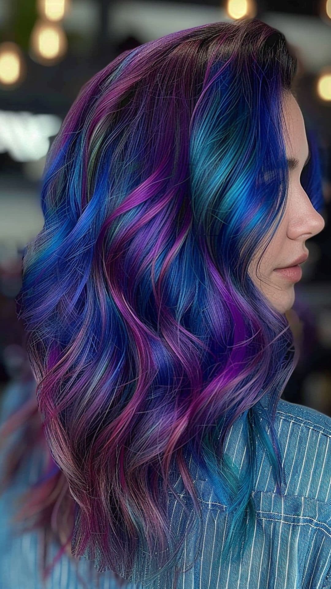 A woman modelling a psychedelic hair color.