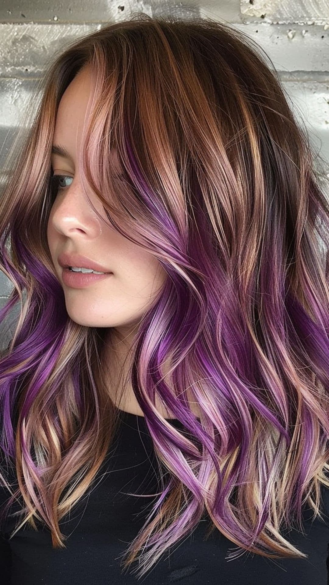 A woman modelling a purple hair streaks.