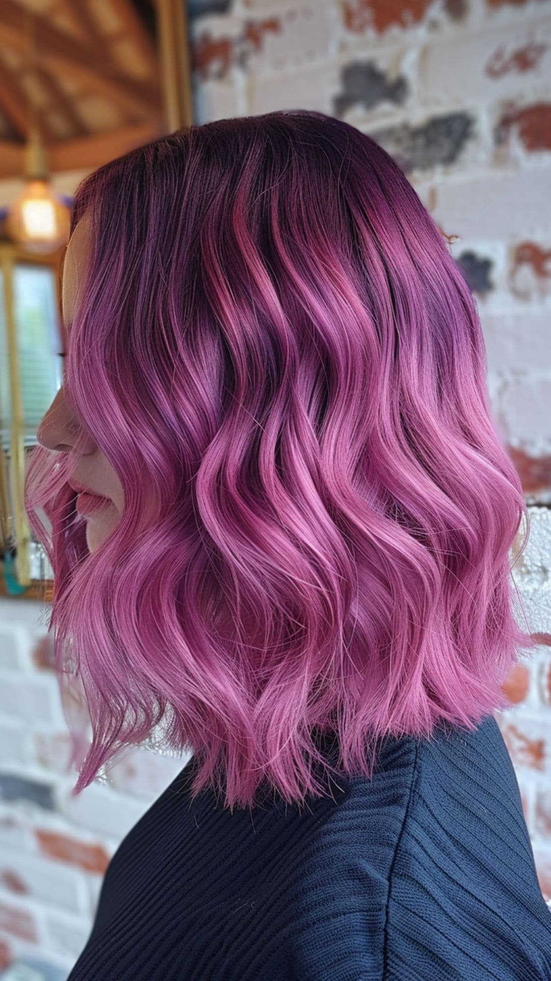 A woman modelling a purple hair with pink ombre.