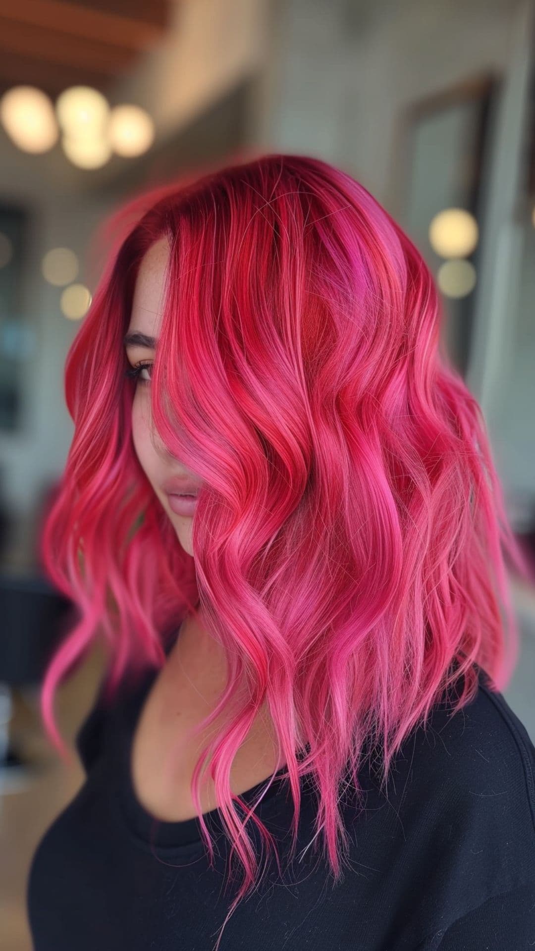 A woman modelling a red to bright pink ombre hair.