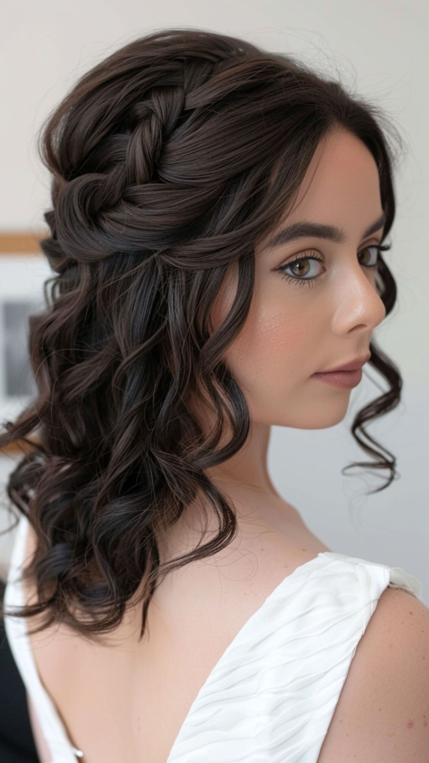 A woman modelling a romantic half-up braids.