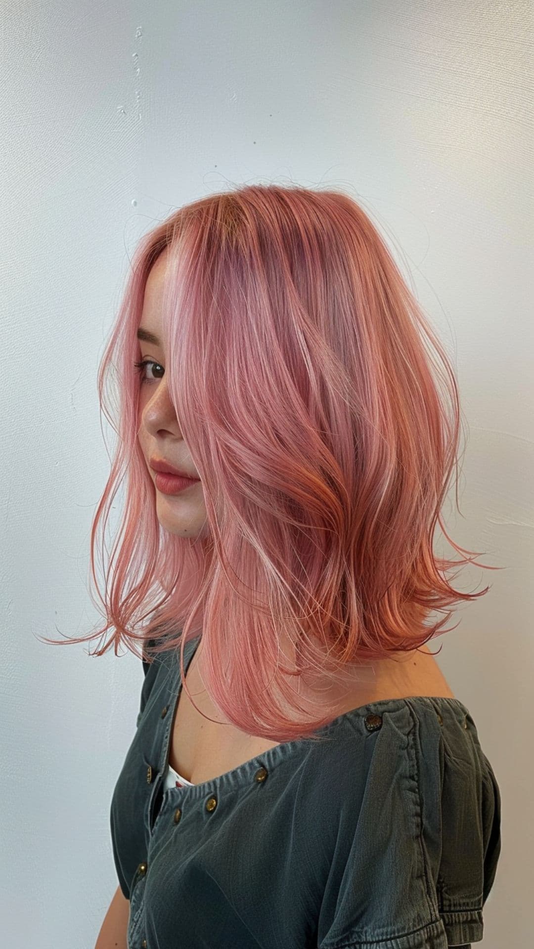 A woman modelling a rose pink hair.