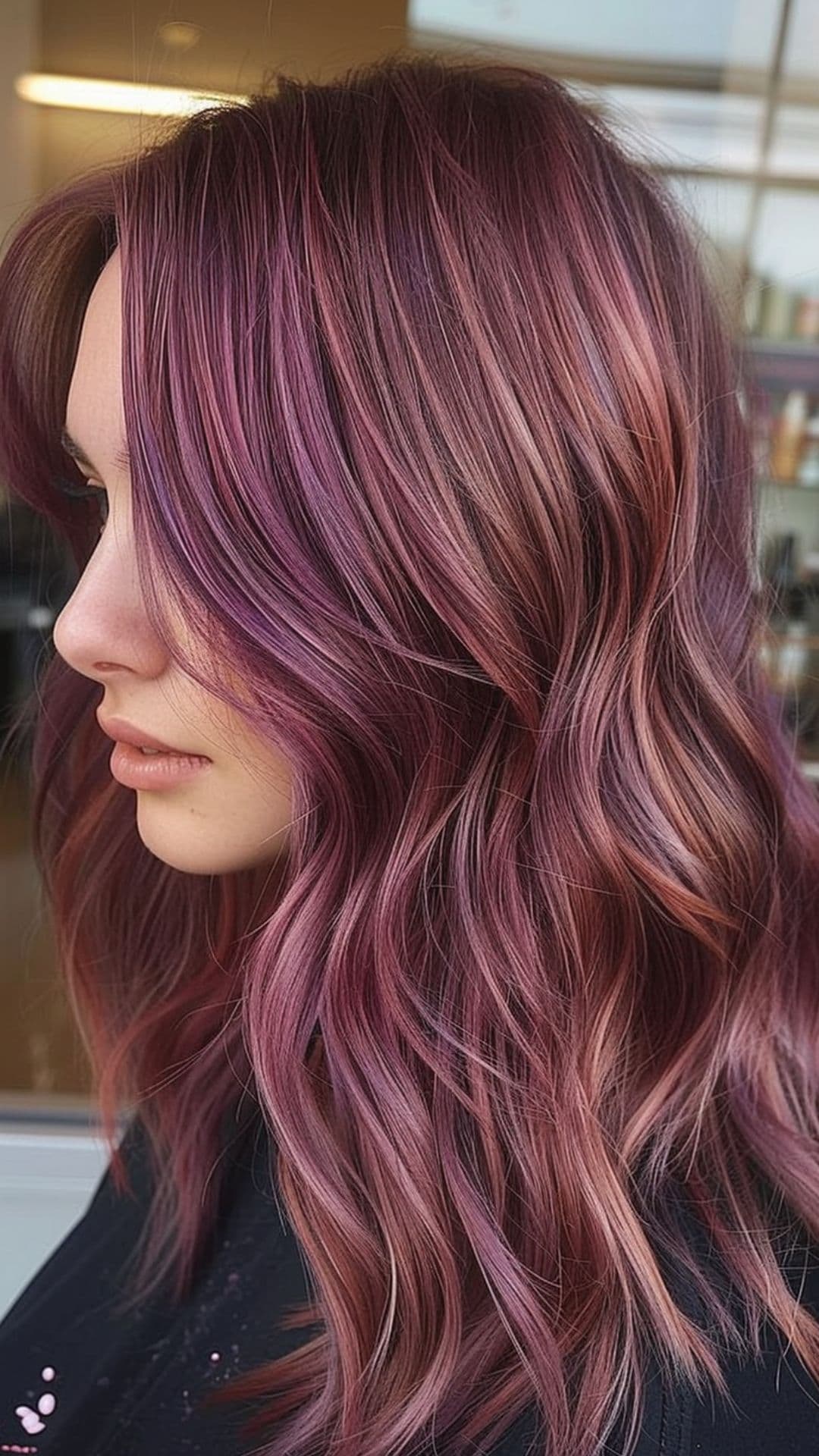 A woman modelling a rose violet hair.