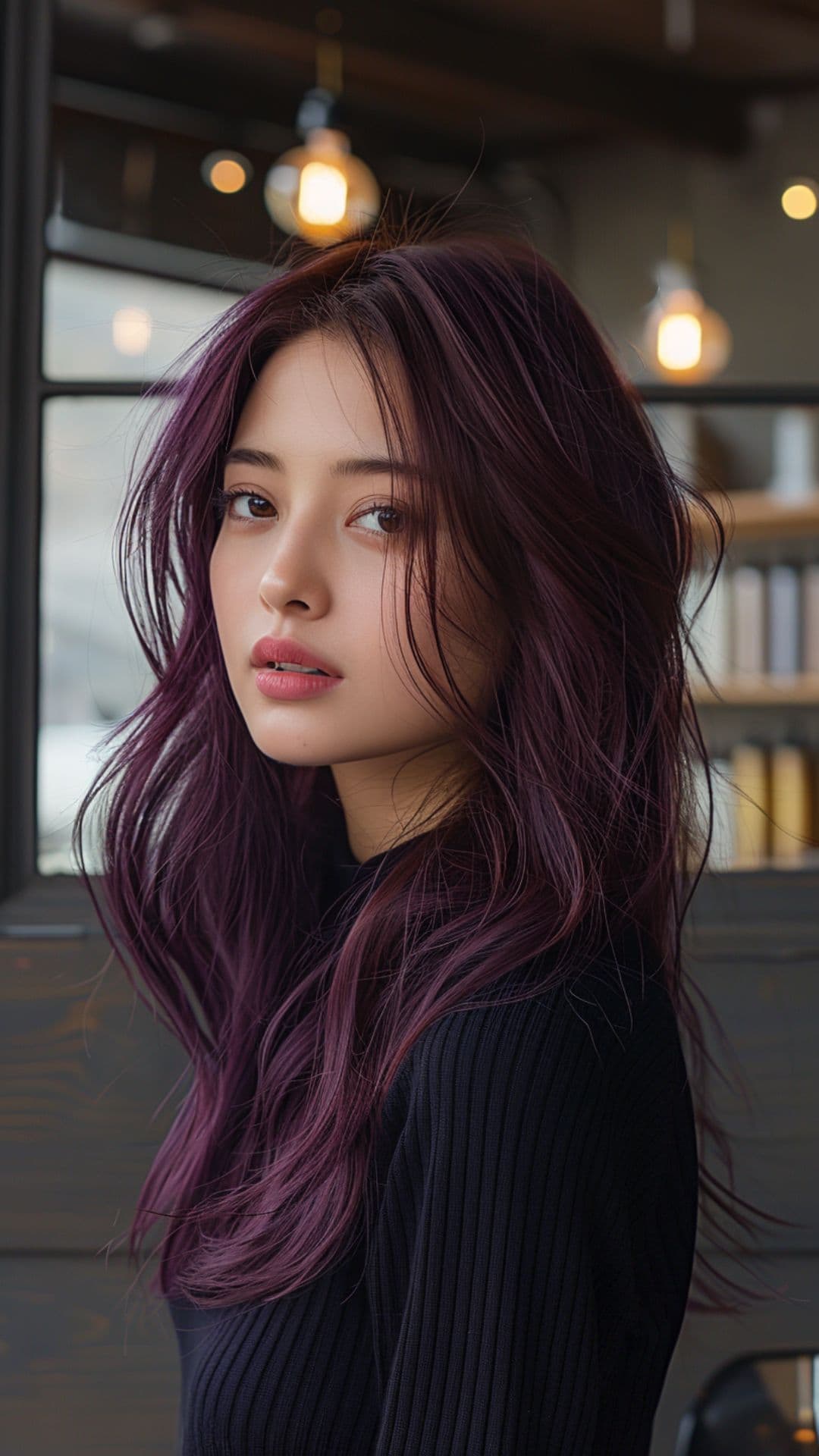 A woman modelling a shiny purple brown hair.