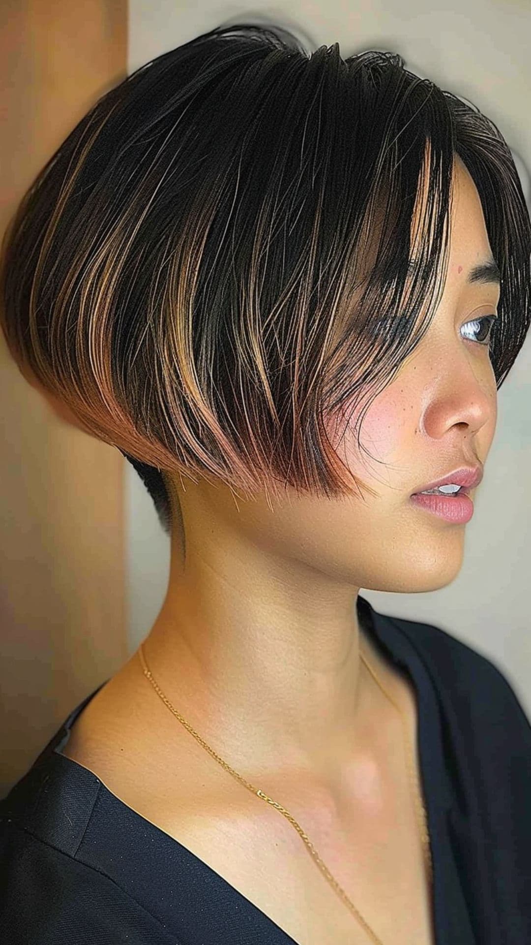 Una mujer modelando un bob corto apilado para un corte de pelo de caras redondas.