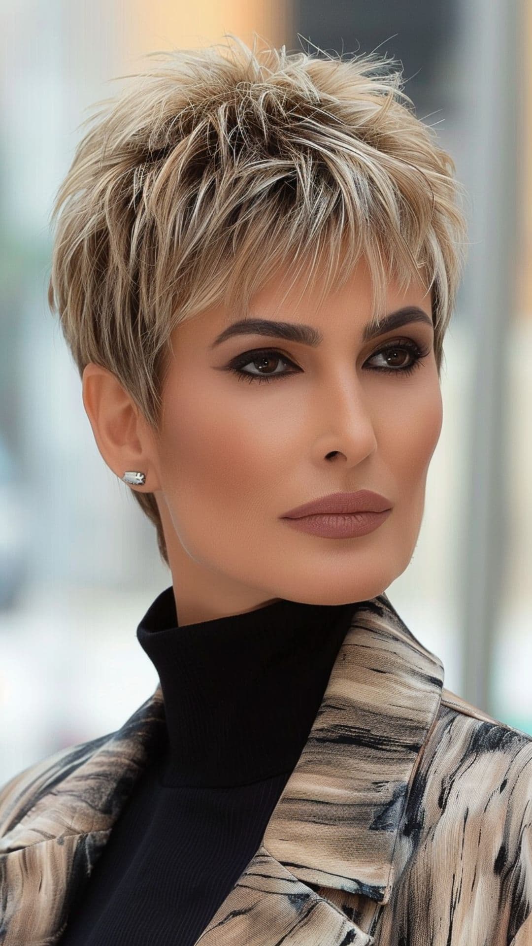 An older woman modelling a short and spiky pixie cut.