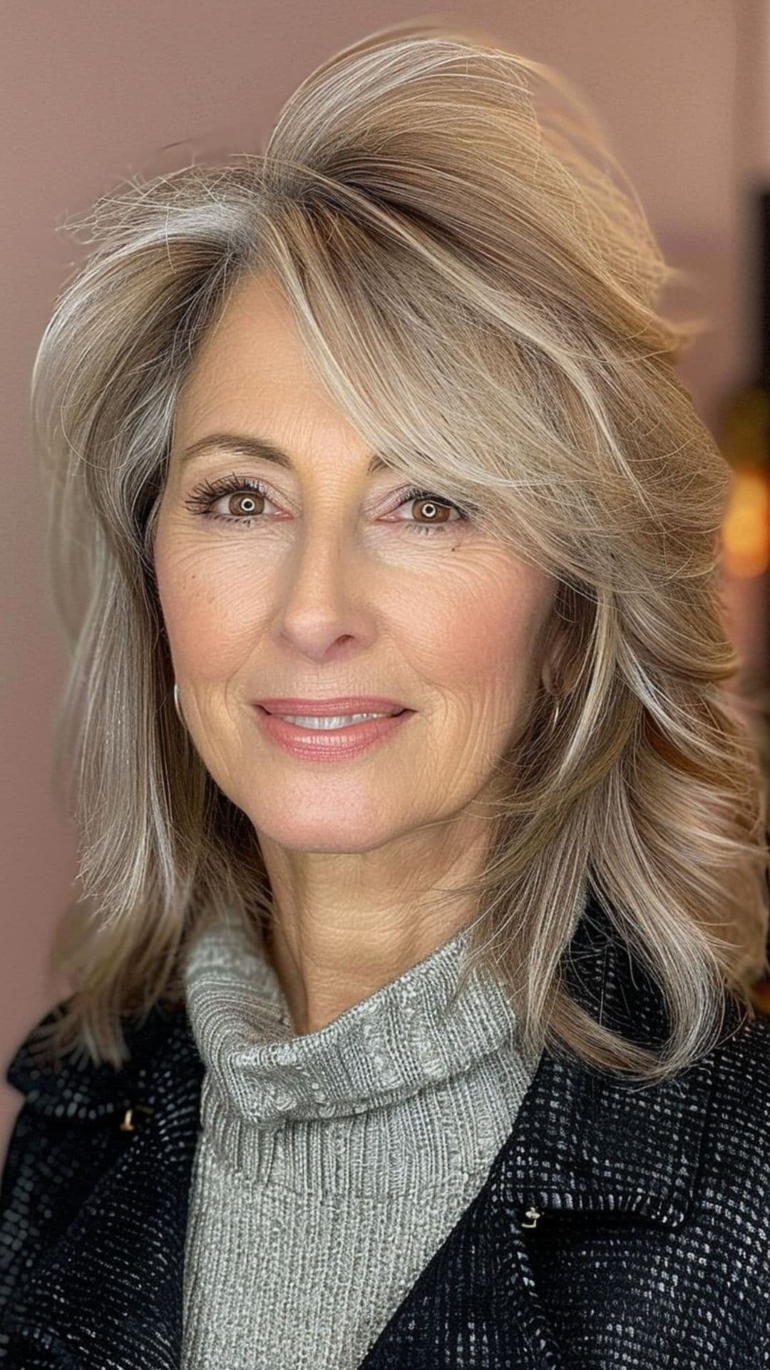 An older woman modelling a side-swept bangs with medium-length hair.