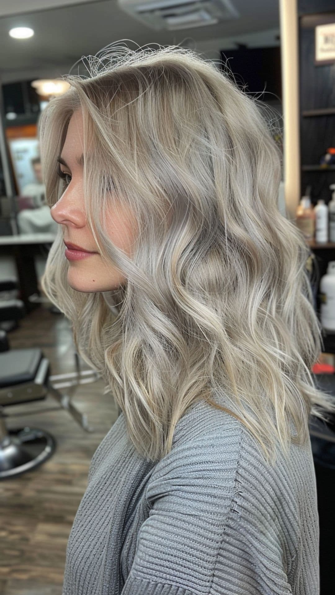 A woman modellinga a silver fox gray hair.