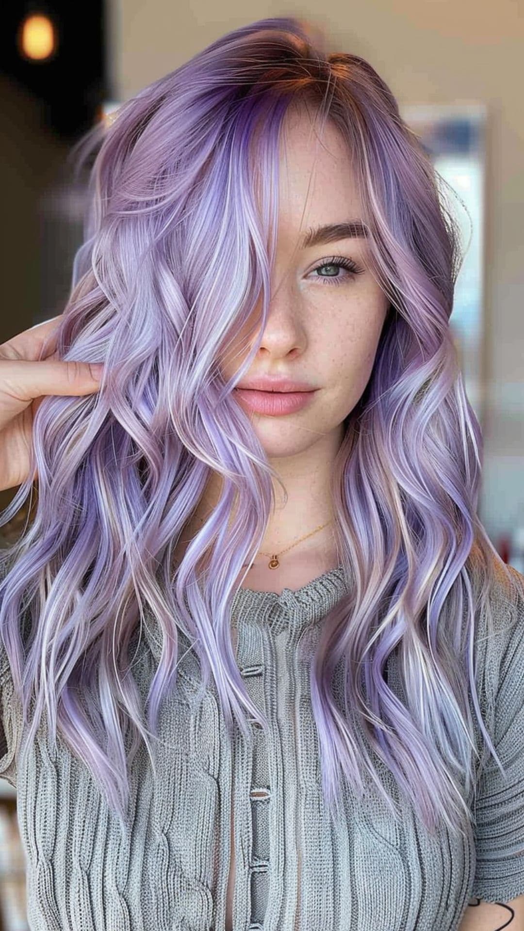 A woman modelling a silver purple hair color.