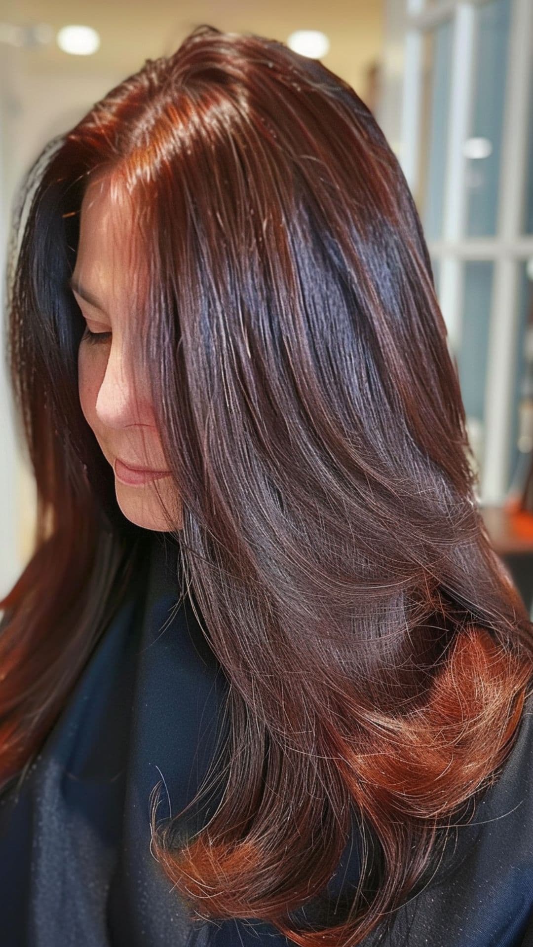 A woman modelling a sleek and shiny long hair.