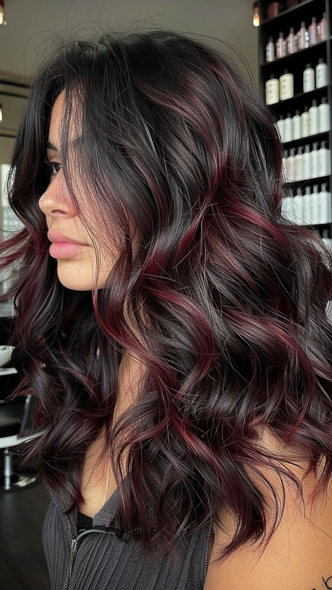 A woman modelling a soft burgundy highlights for black hair.