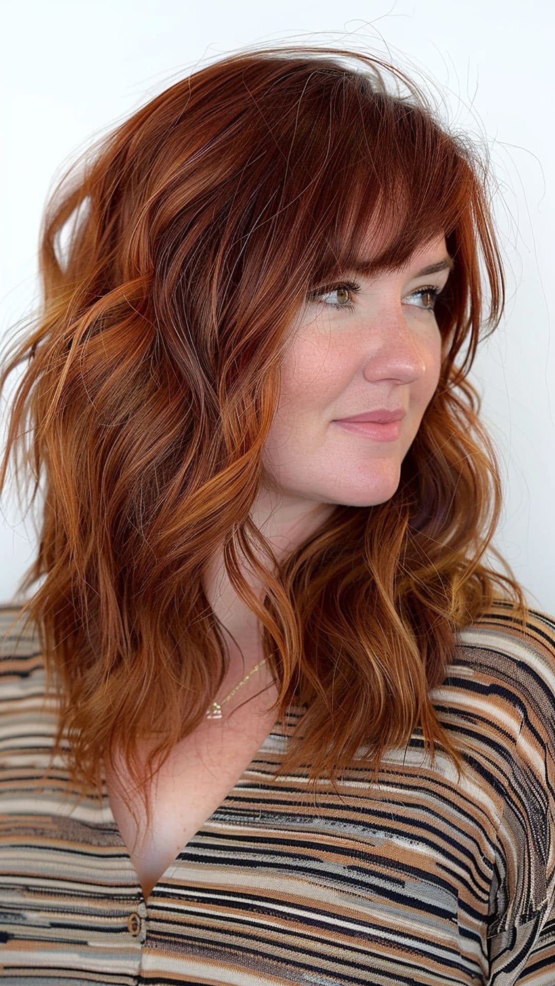 A woman modelling a soft copper highlights on medium-length hair.