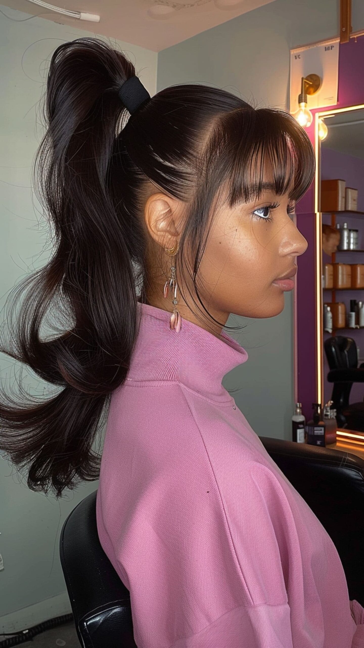 A woman modelling a soft curles high ponytail with wispy bangs.
