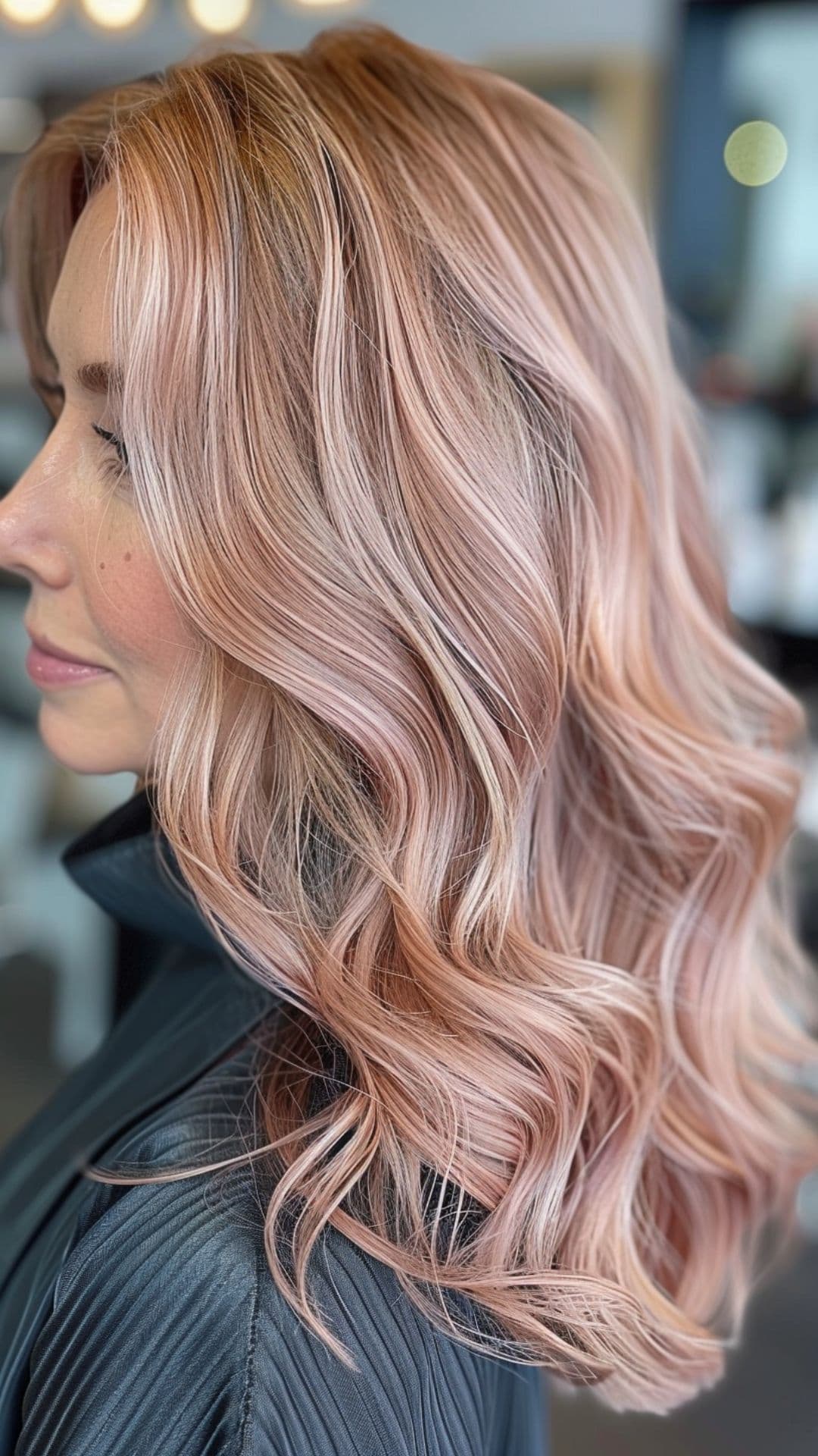 An old woman modelling a soft rose gold hair.