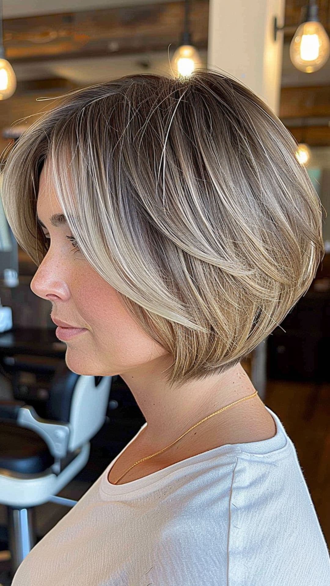 A woman modelling a stacked bob with layers haircut.