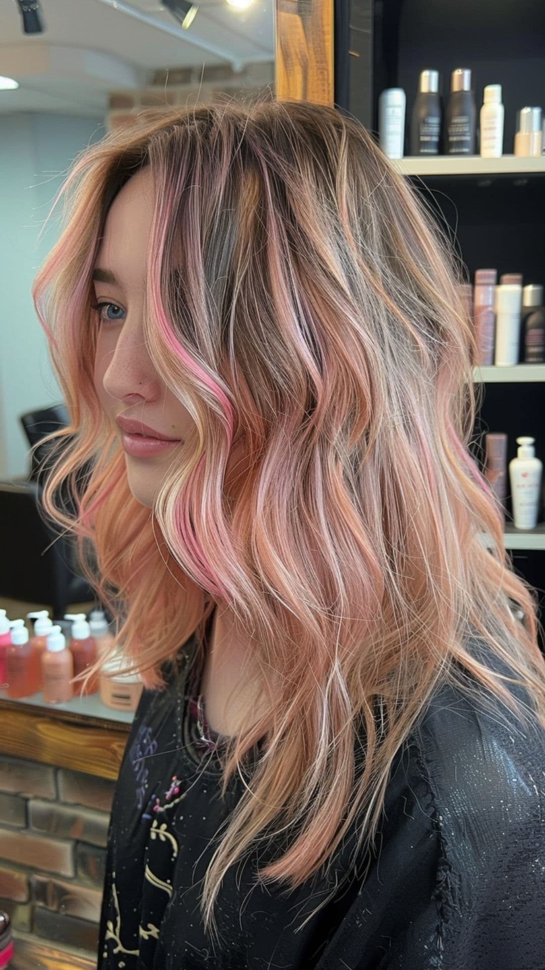 A woman modelling a strawberry pink highlights hair.