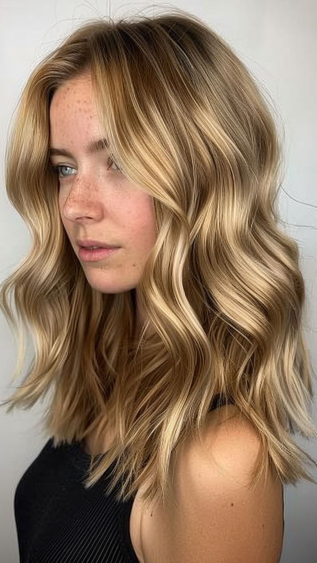 A woman modelling a sun-kissed blonde highlights.