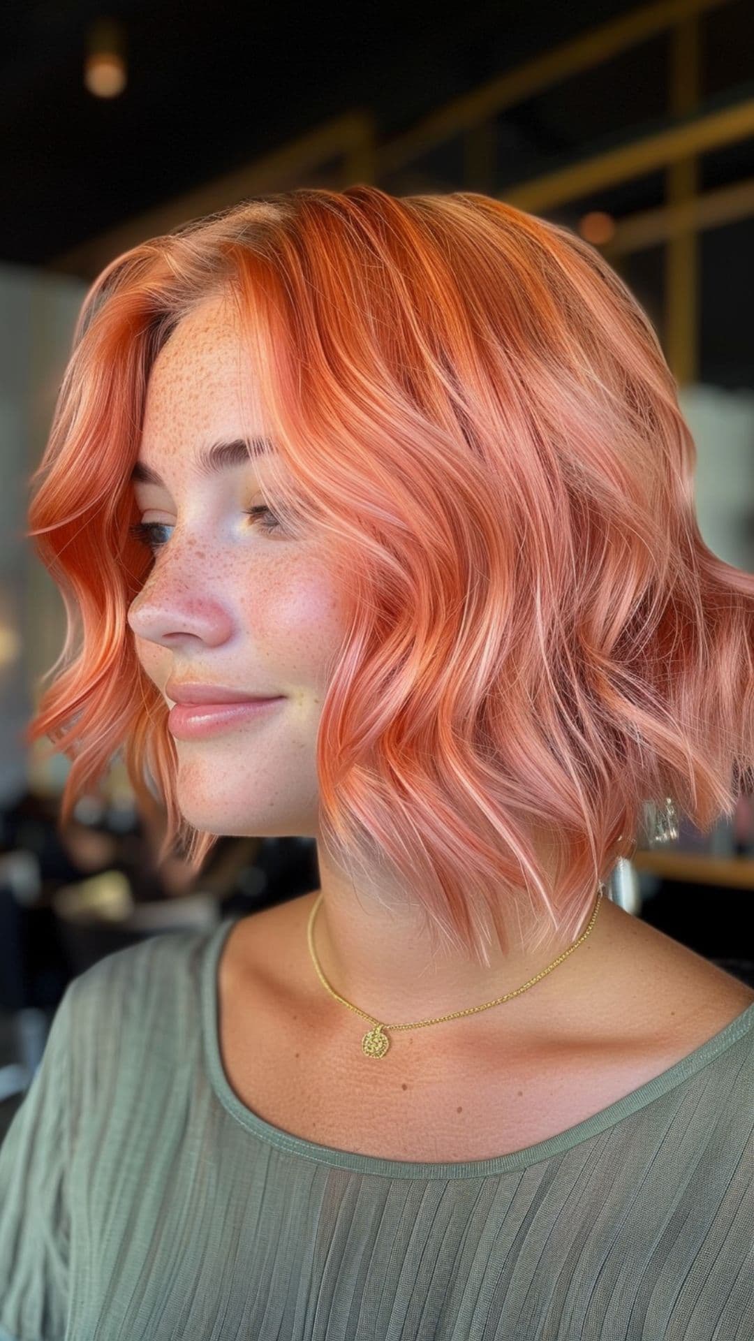A woman modelling a sunset pink hair.