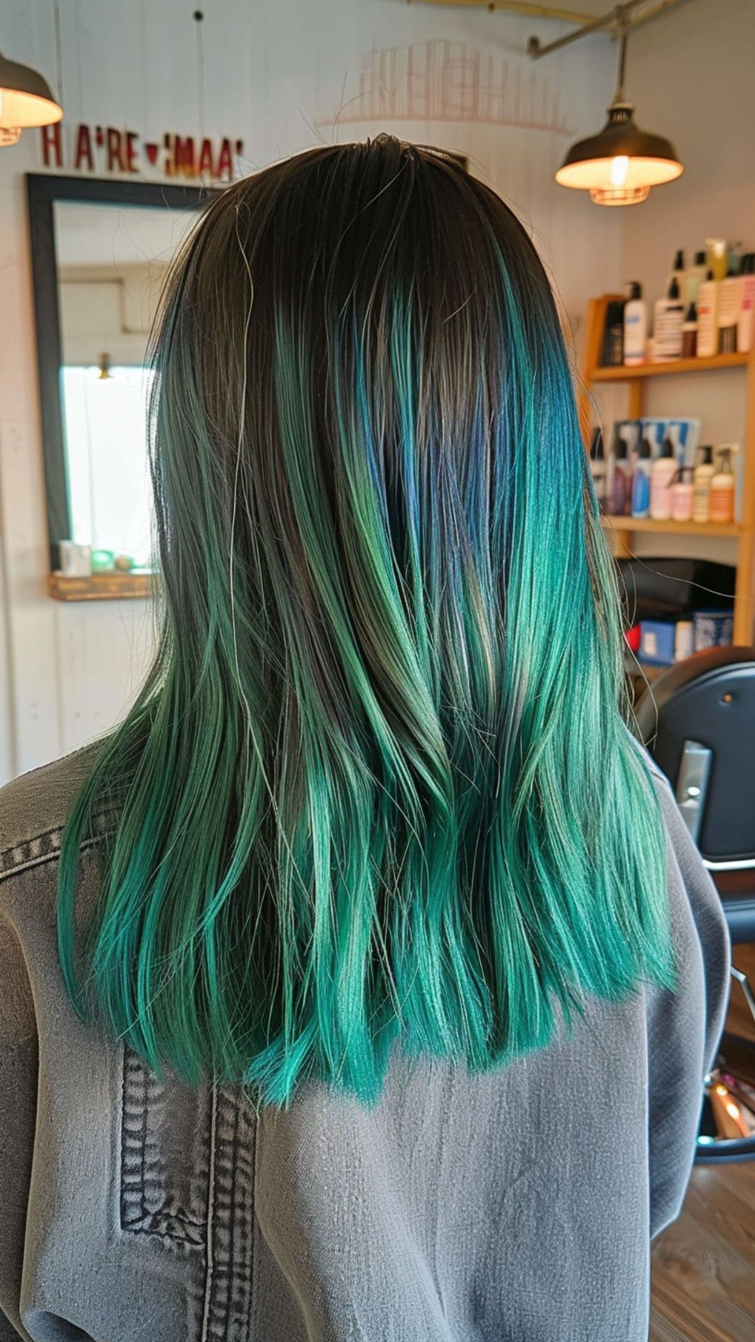 A woman modelling a teal ombre hair.