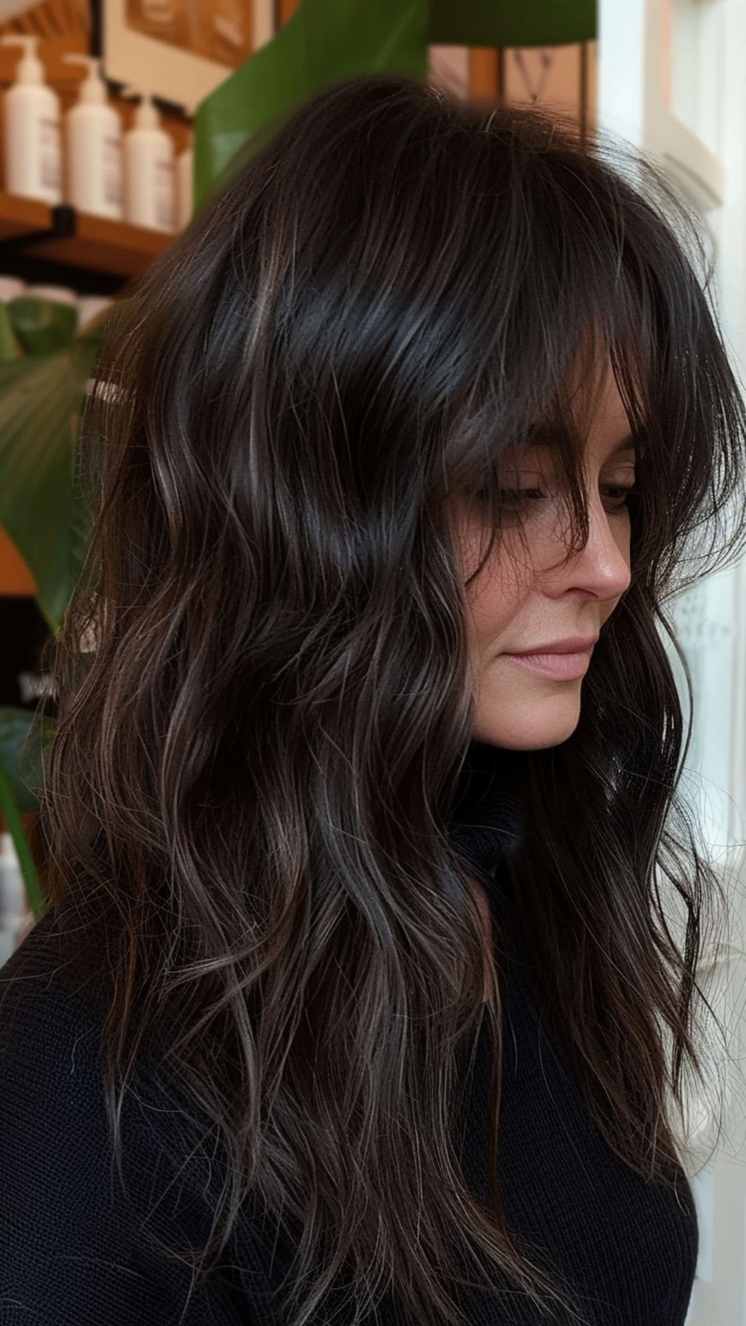A woman modelling a textured beach waves with bangs.