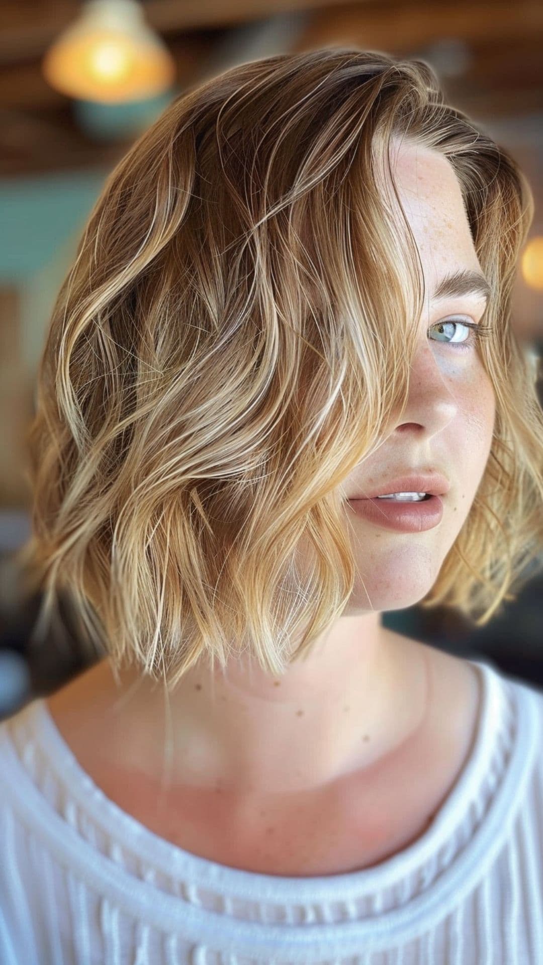 A woman modelling a textured bob with beachy waves.