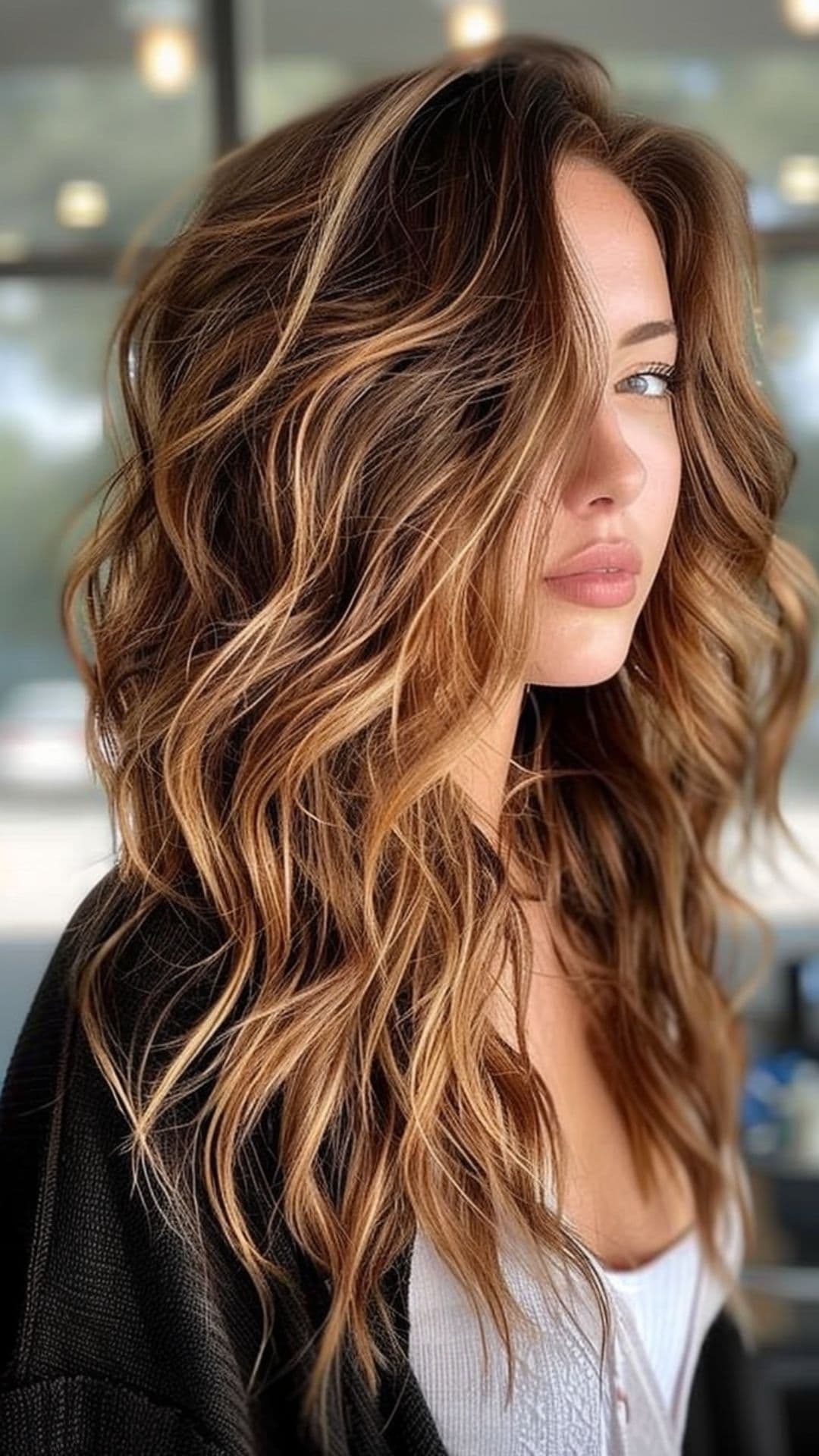 A woman modelling a textured layers with balayage highlights hairstyle.