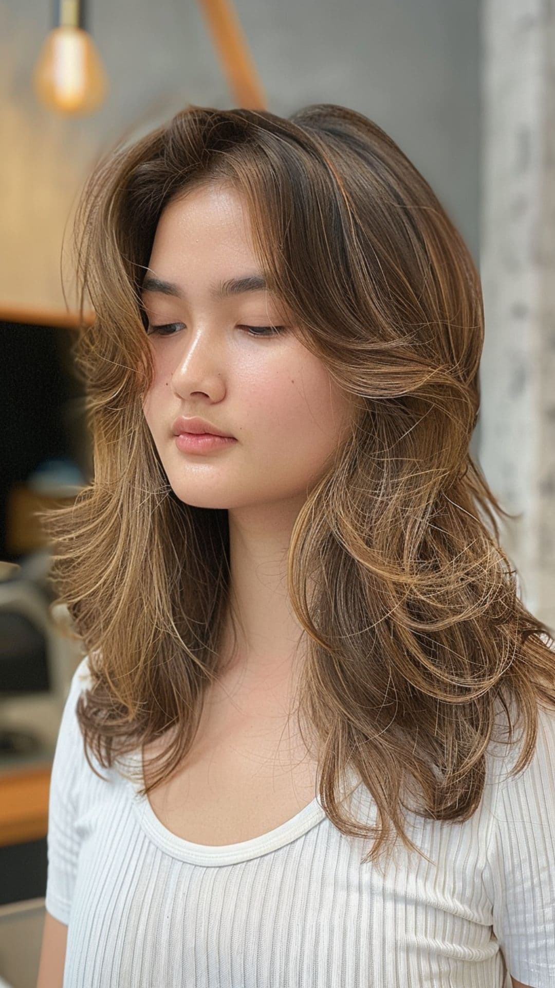 A woman modelling a toffee brown balayage.