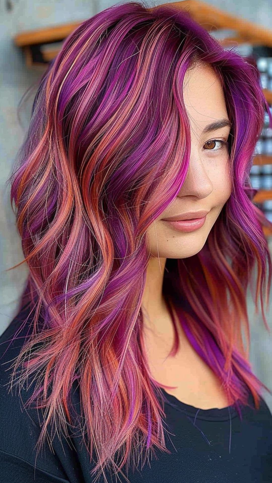 A woman modelling a tropical punch purple hair color.