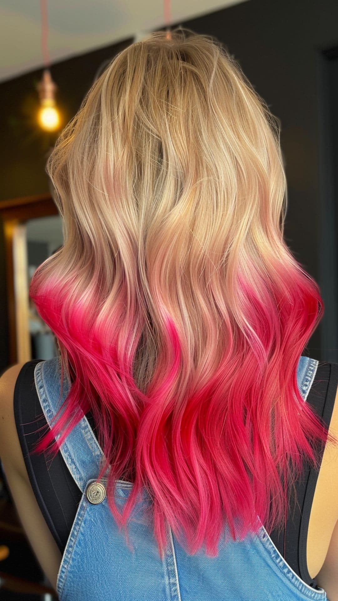A woman modelling a vivid pink dip dye hair.