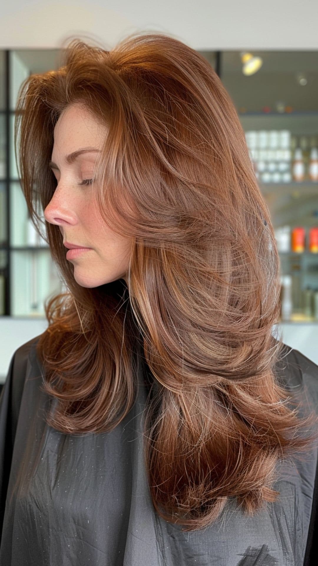 Una mujer modelando un cabello castaño cálido.