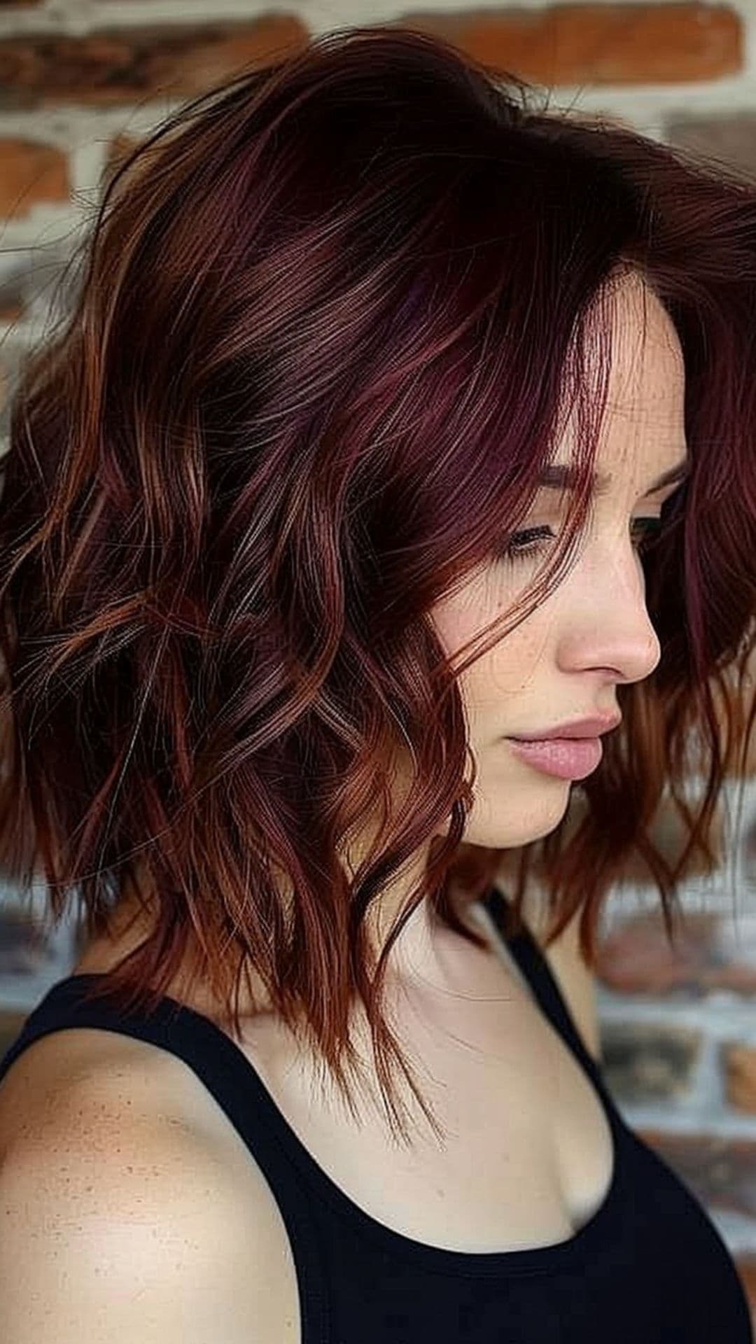 A woman modelling wavy lob with reddish brown color.