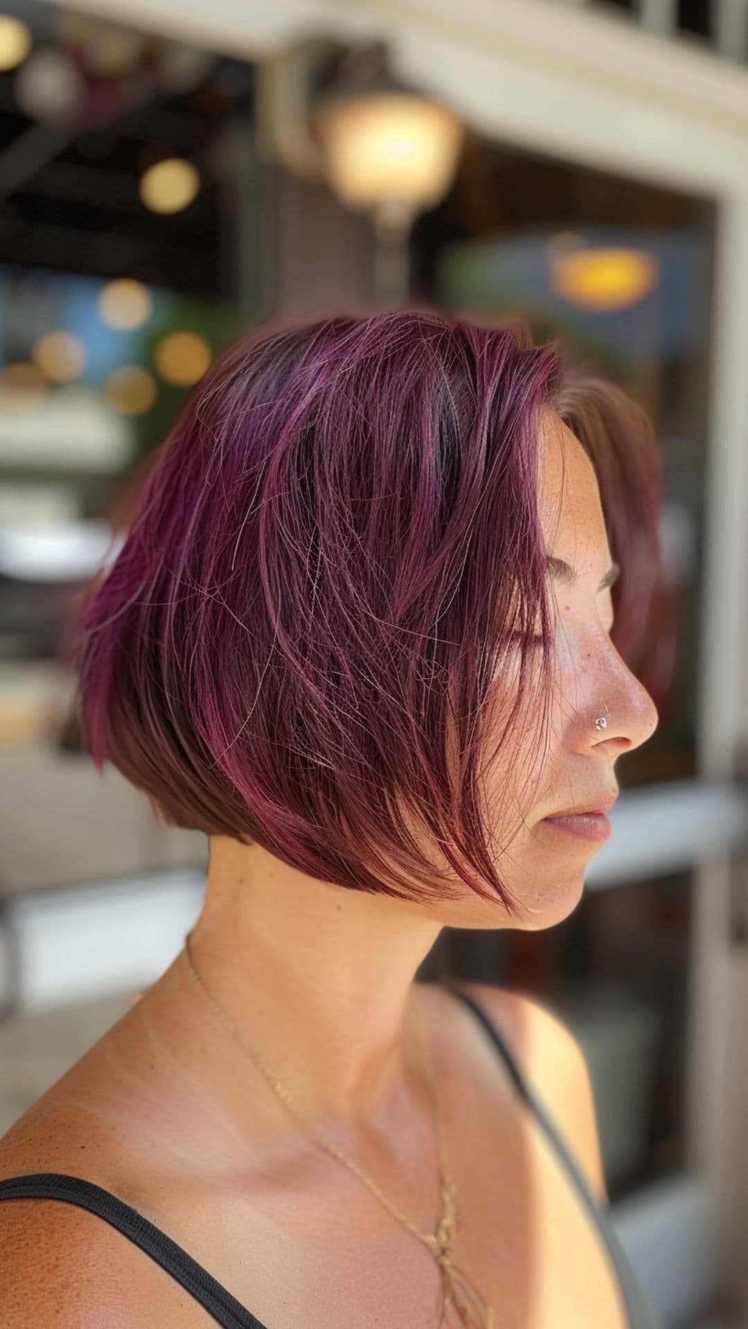 Una mujer modelando un bob en ángulo.