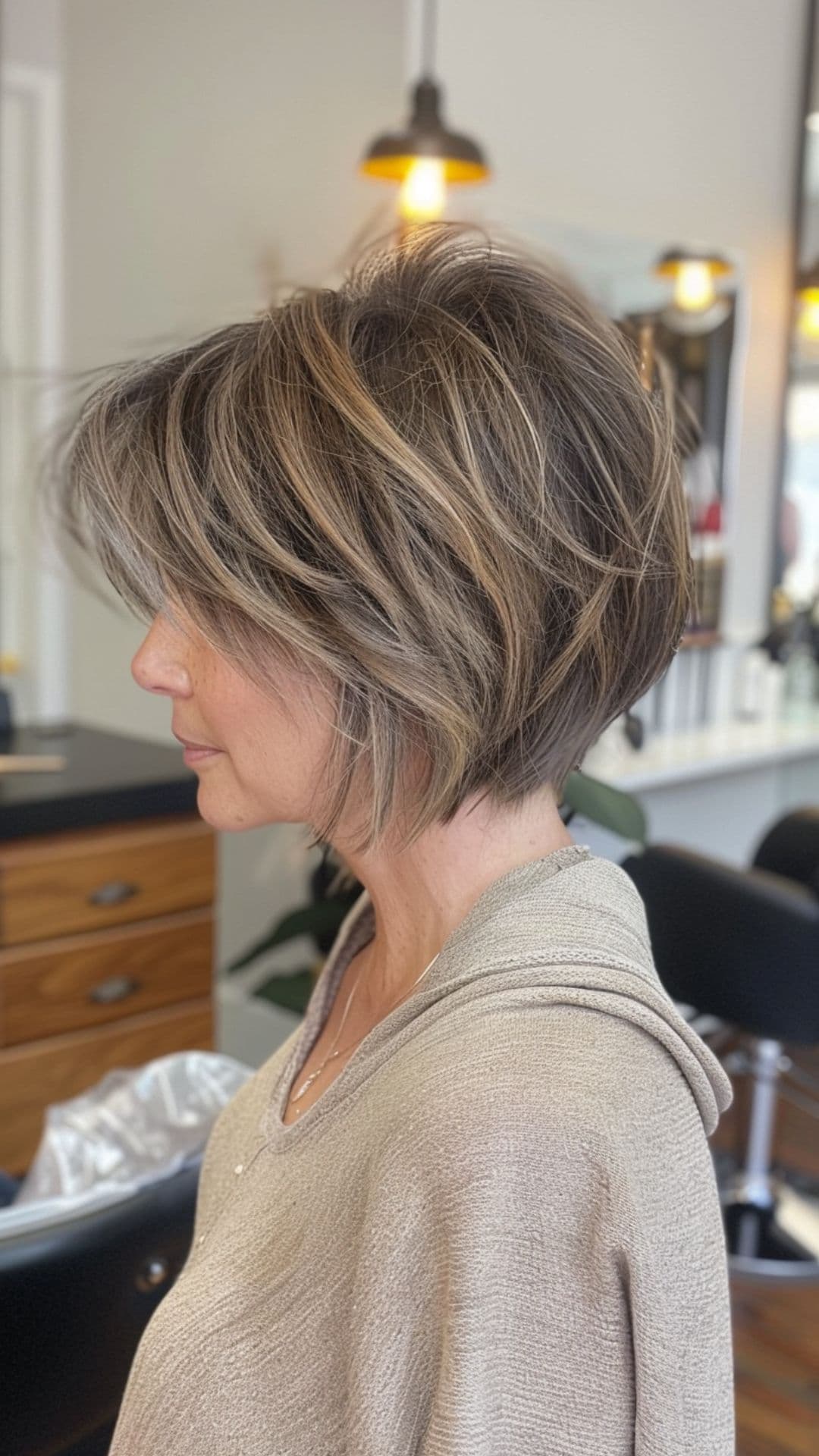 An old woman modelling an angled pixie bob with balayage.