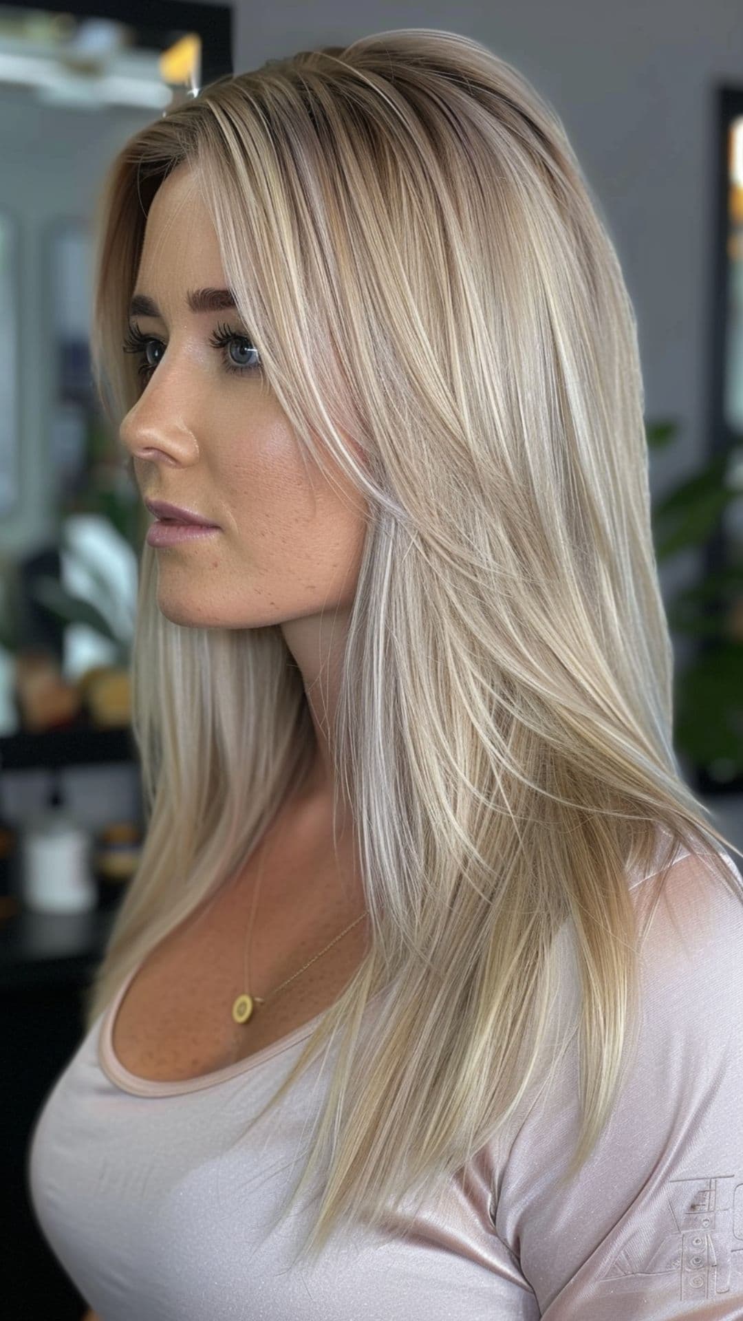 A woman modelling an subtle ash blonde highlights hair.