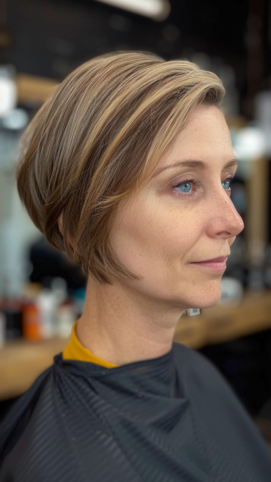 A woman modelling an asymmetrical bob cut.