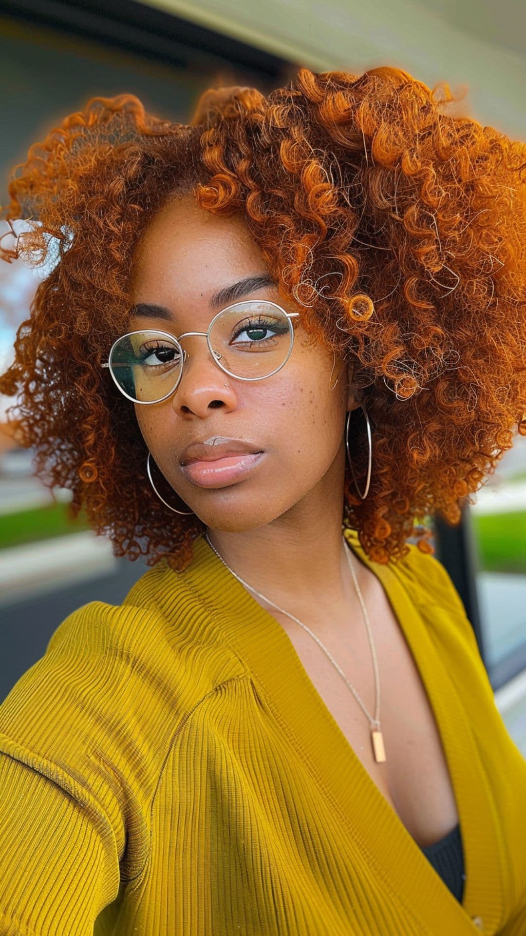 A black woman modelling an auburn Afro curls.