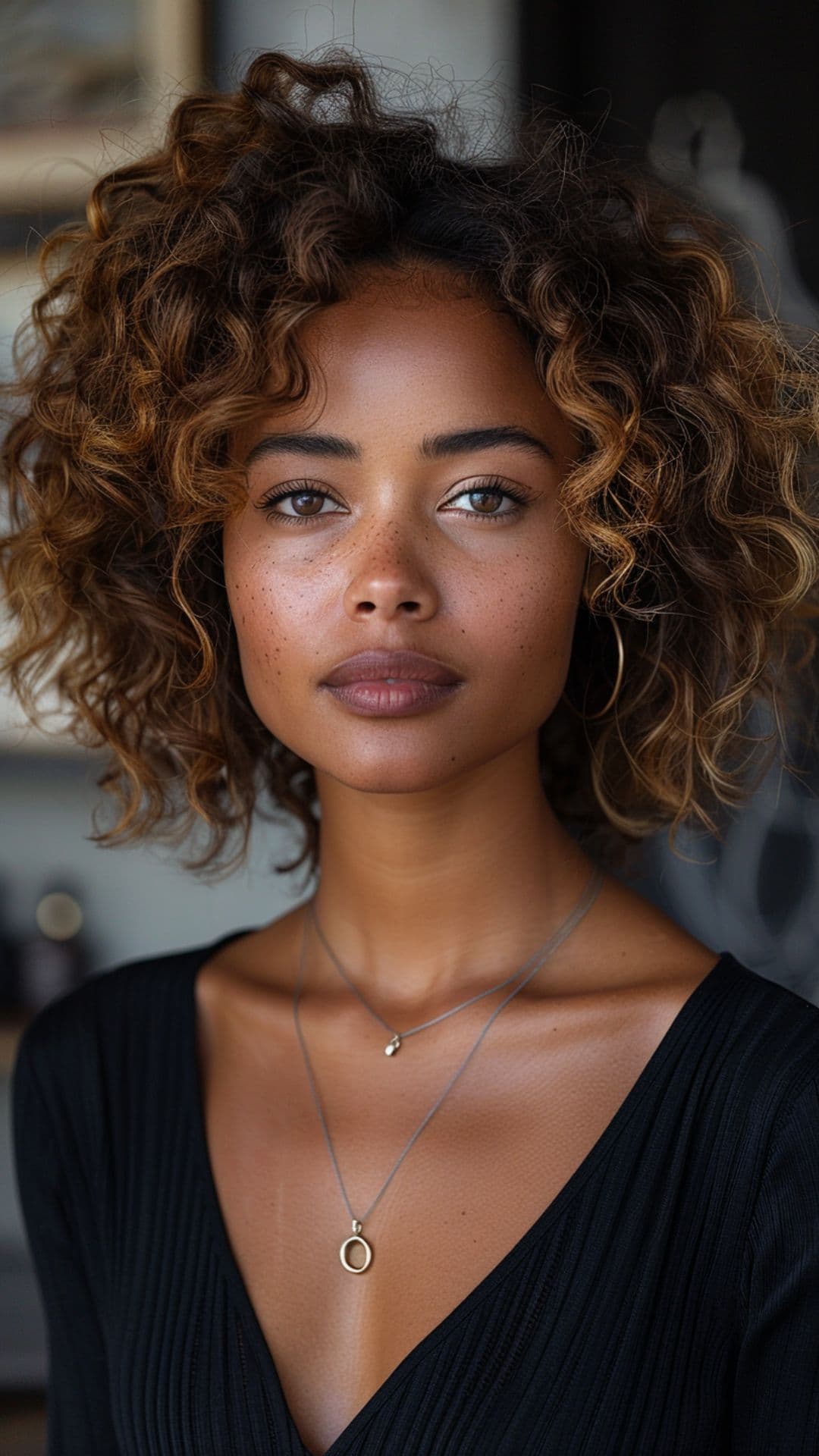 A black woman modelling a curly balayage highlights.