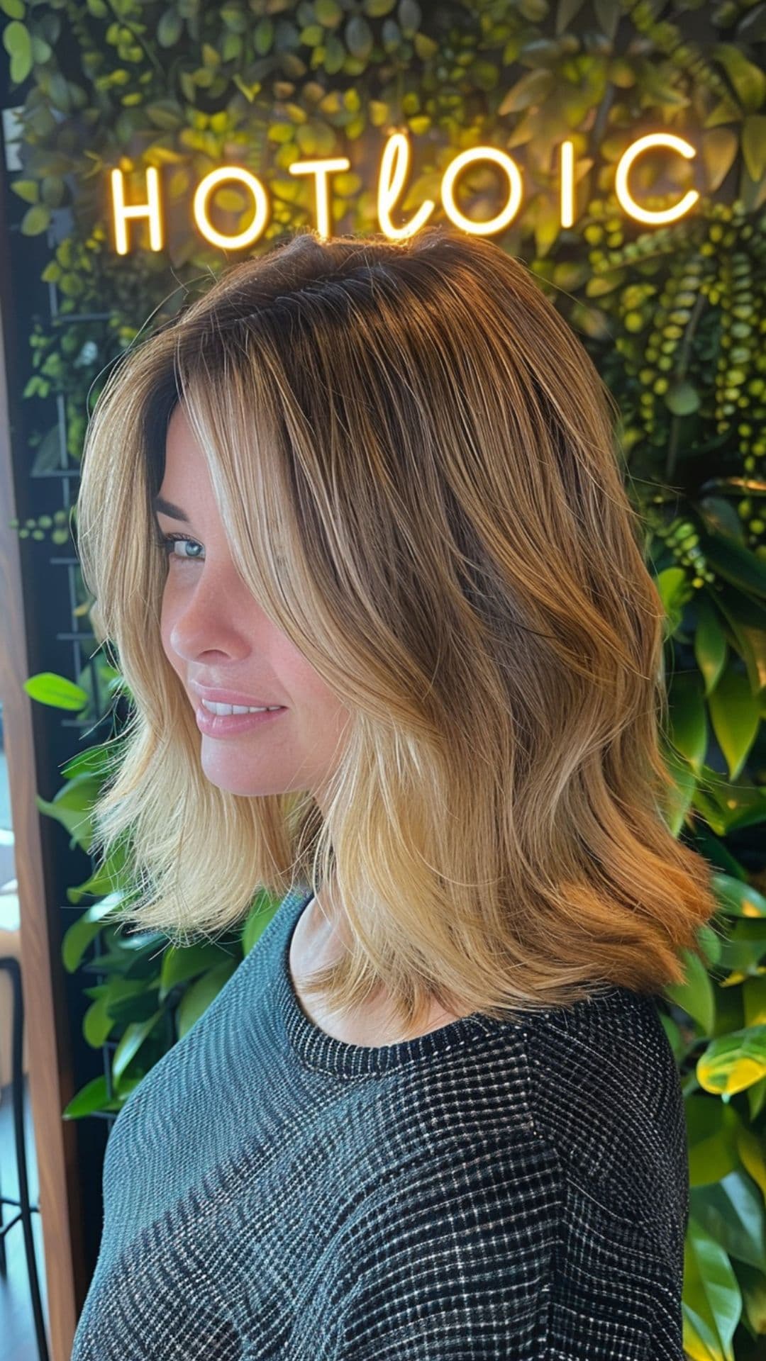 Uma mulher de rosto redondo modelando uma balayage com raízes escuras em um corte na altura dos ombros.