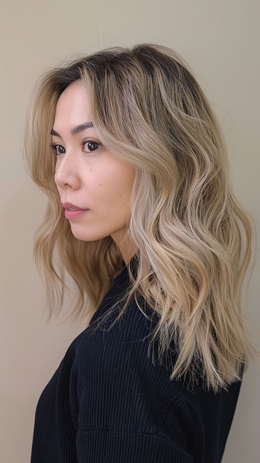 A woman modelling a subtle beige blonde highlights hair.