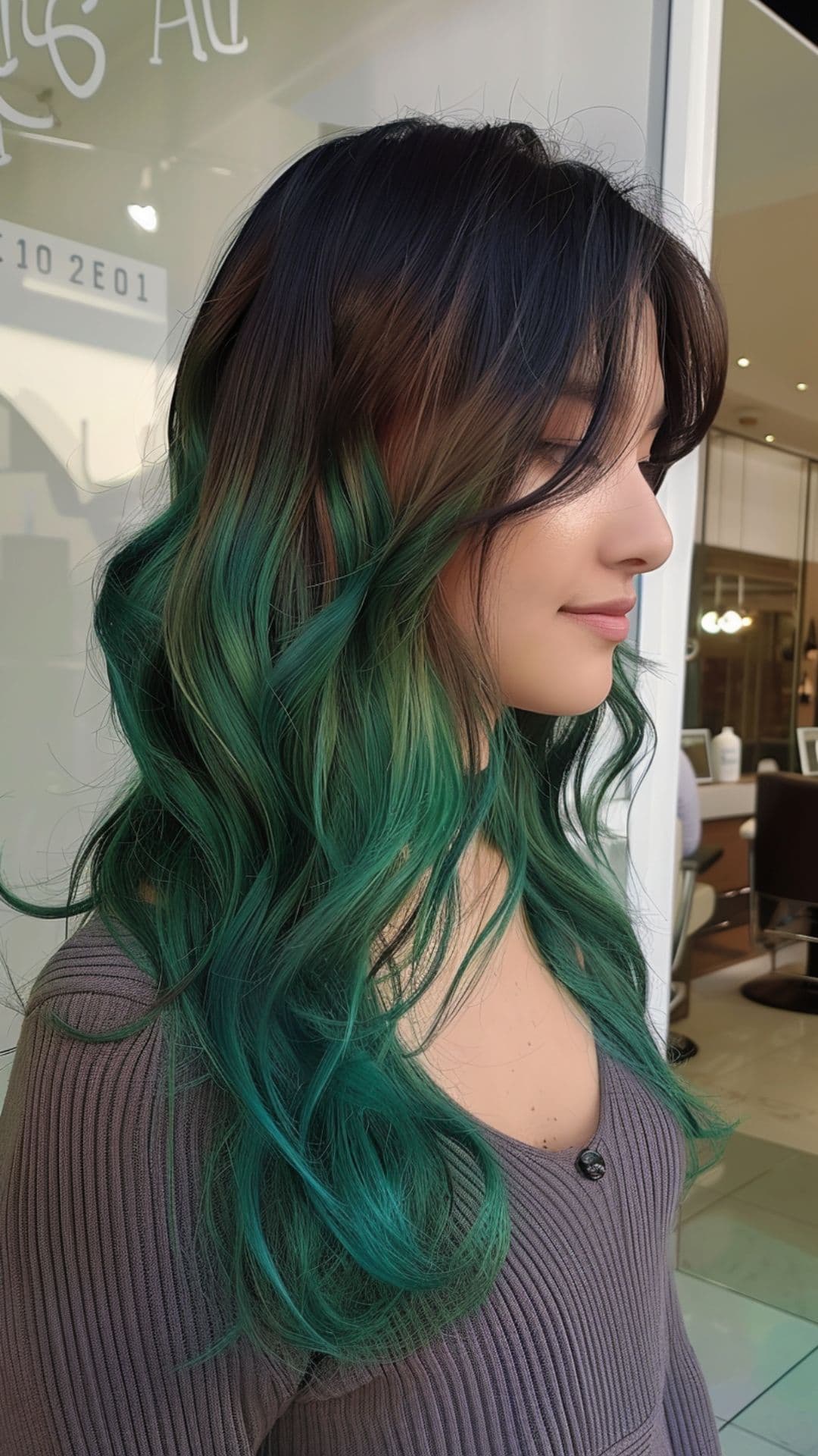 A woman modelling a black and green hair.
