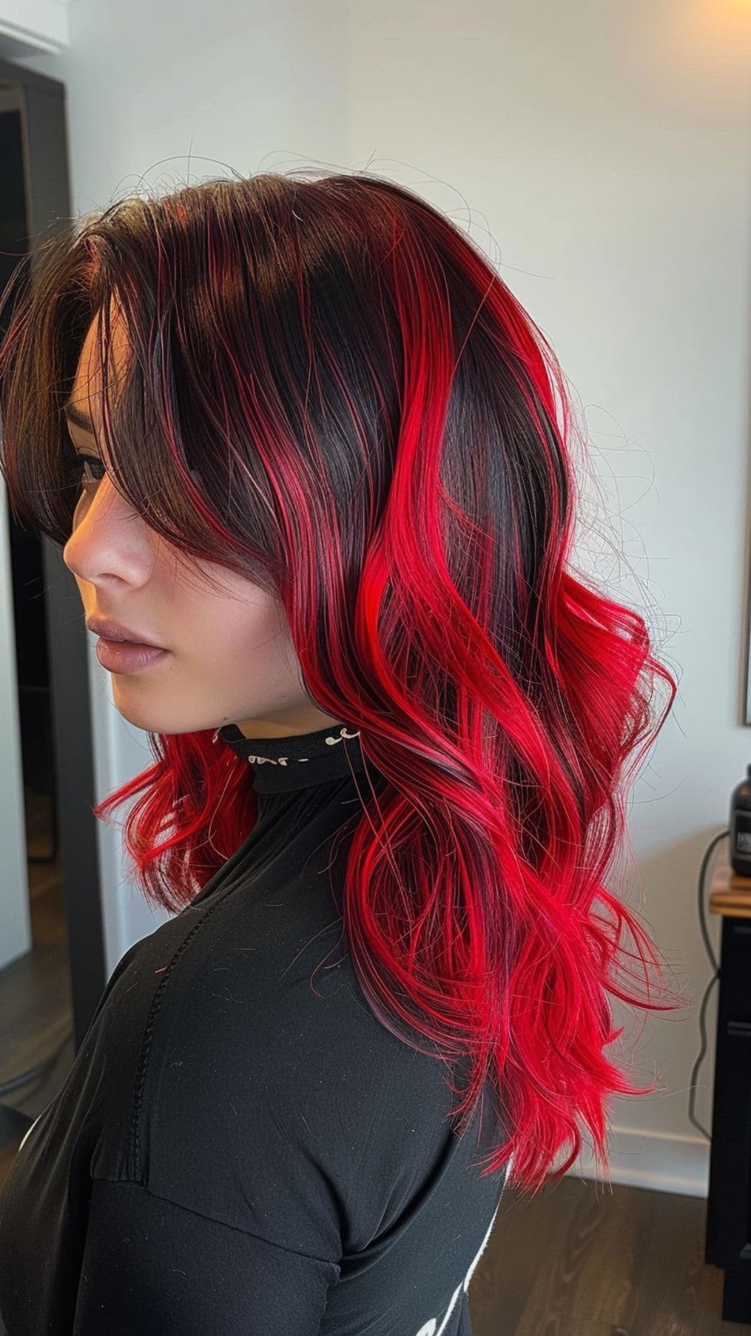 A woman modelling a black and red hair.