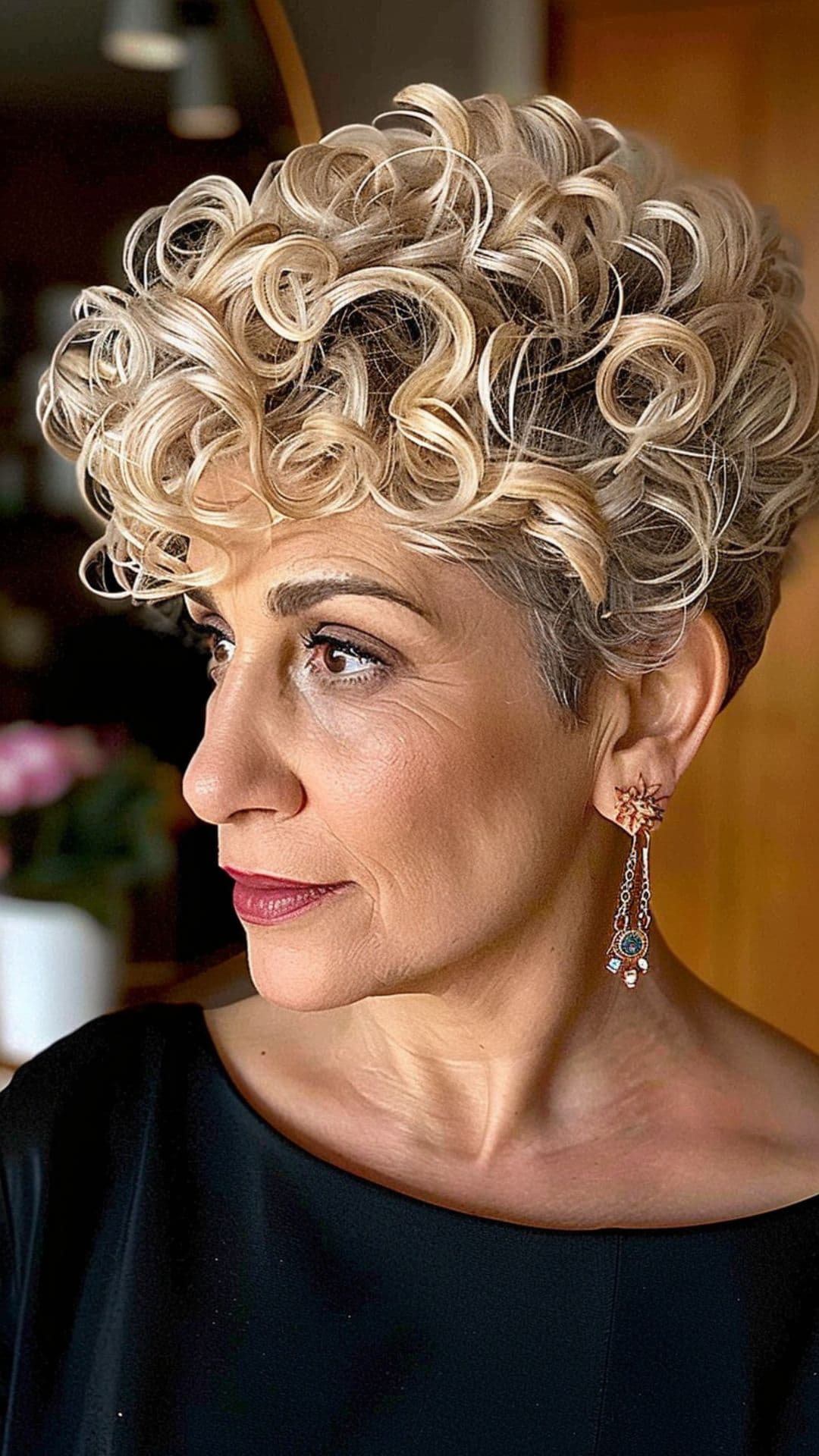 An old woman modelling a blonde curly pixie hair.