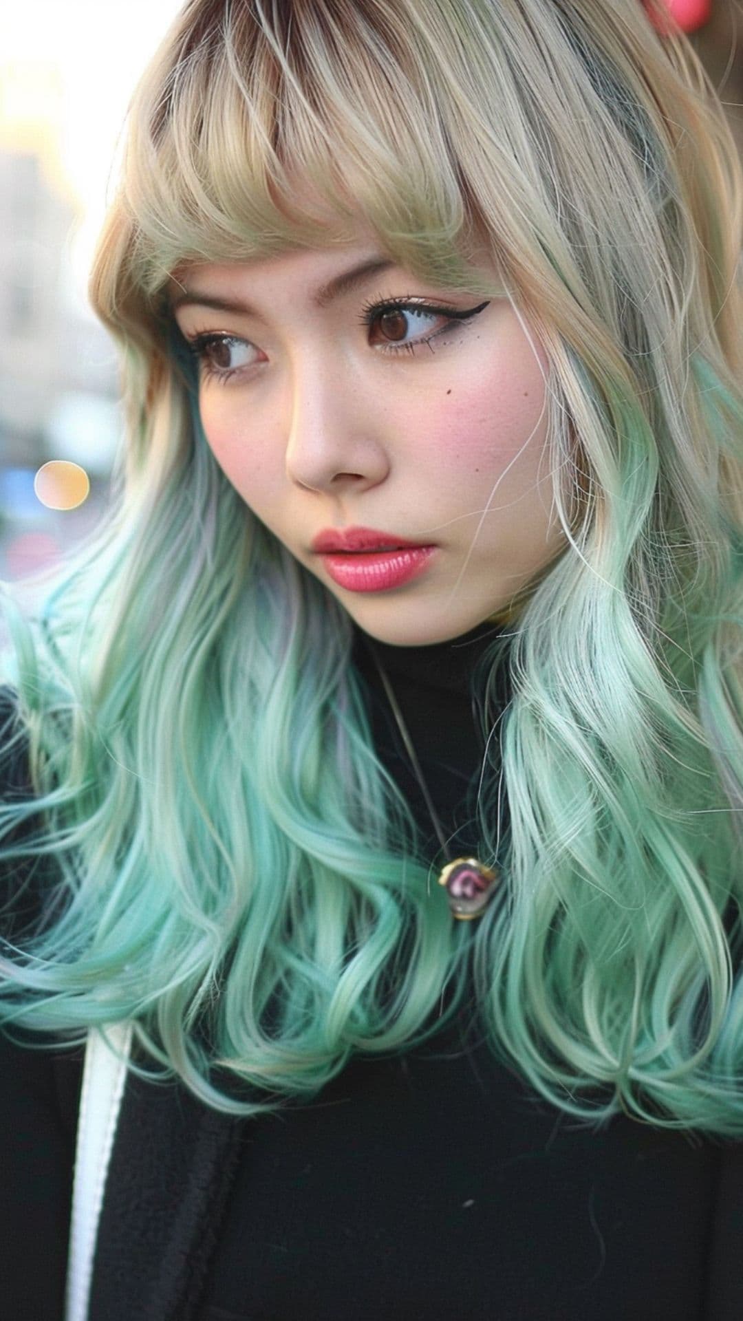 A woman modelling a blonde and mint green hair.